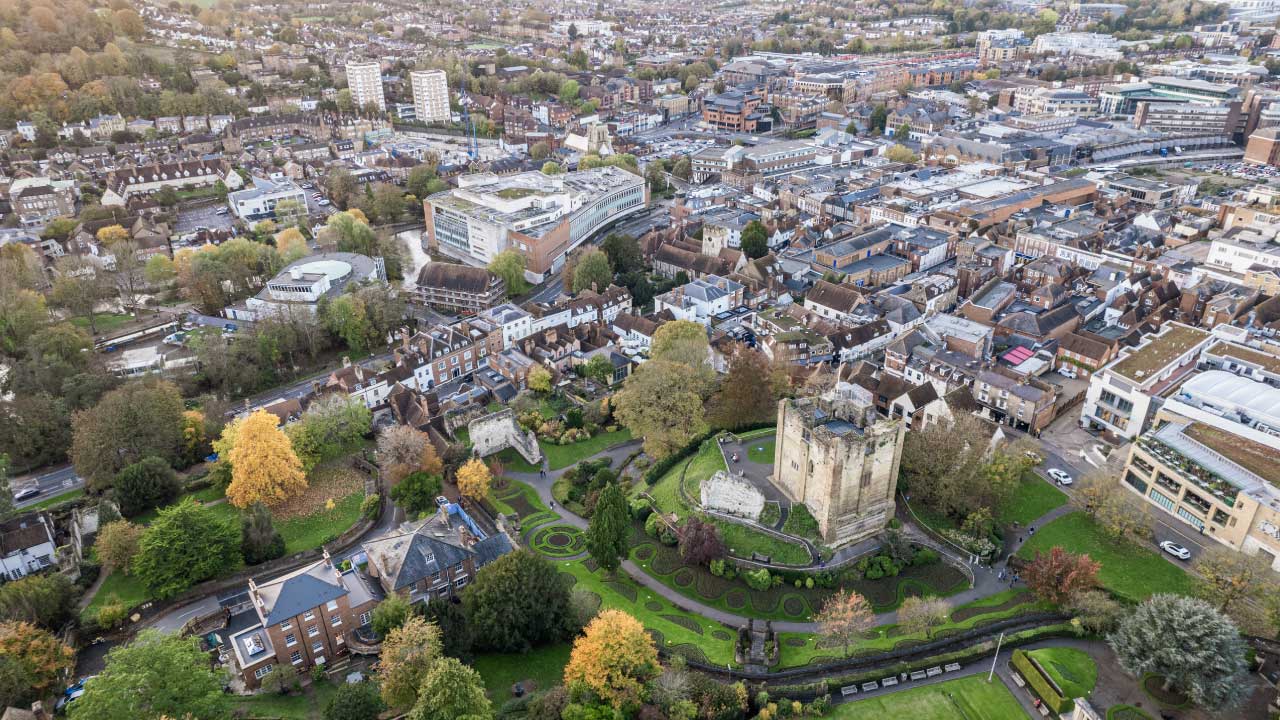 Aerial view of the Guildford Castle and town center of Guildford