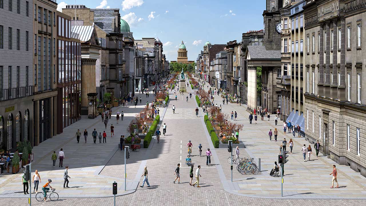 Overhead view of street with wide pedestrian walkways on both sides