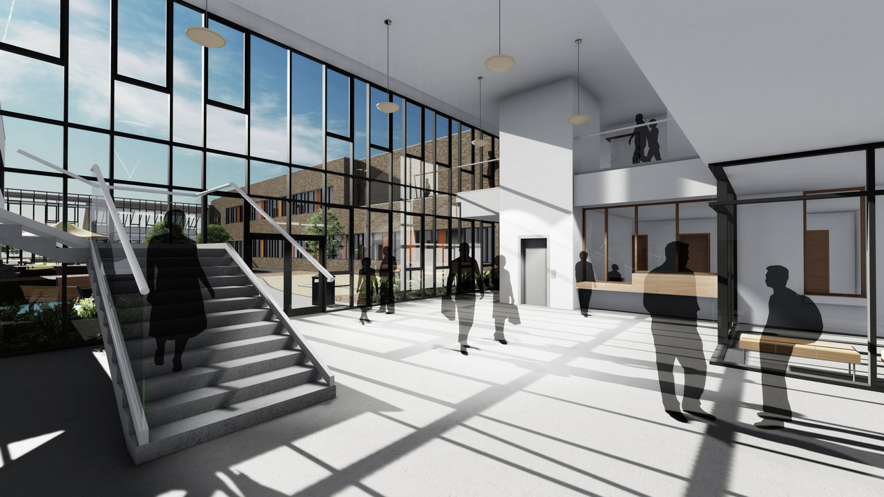 Virtual image of school interior with glass windows, all-white interior, and shadows of people and students walking