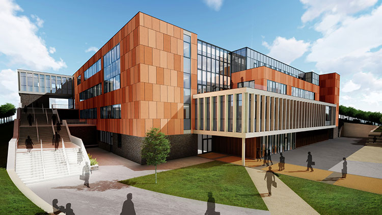 Virtual image of multi-level school building with many windows and large staircase on left