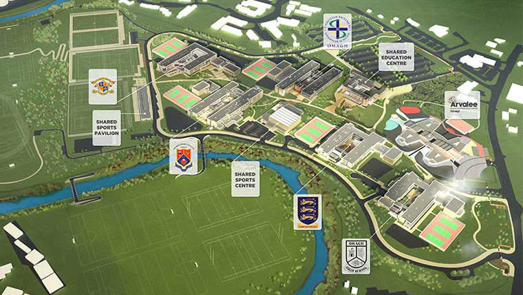 Aerial sitemap identifying locations of consolidated schools and new shared education center