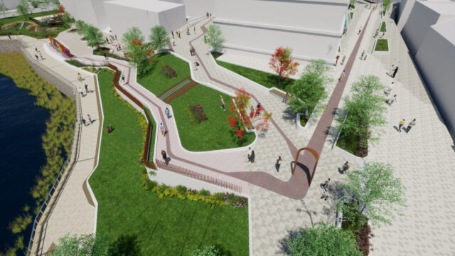 Park concept with open walkways and greenery alongside the water from above