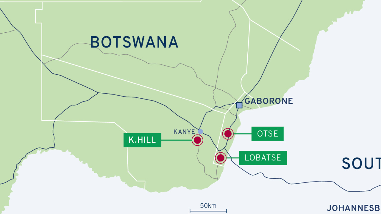 Map of Botswana locating mining sites at K. Hill, Otse, and Lobaste