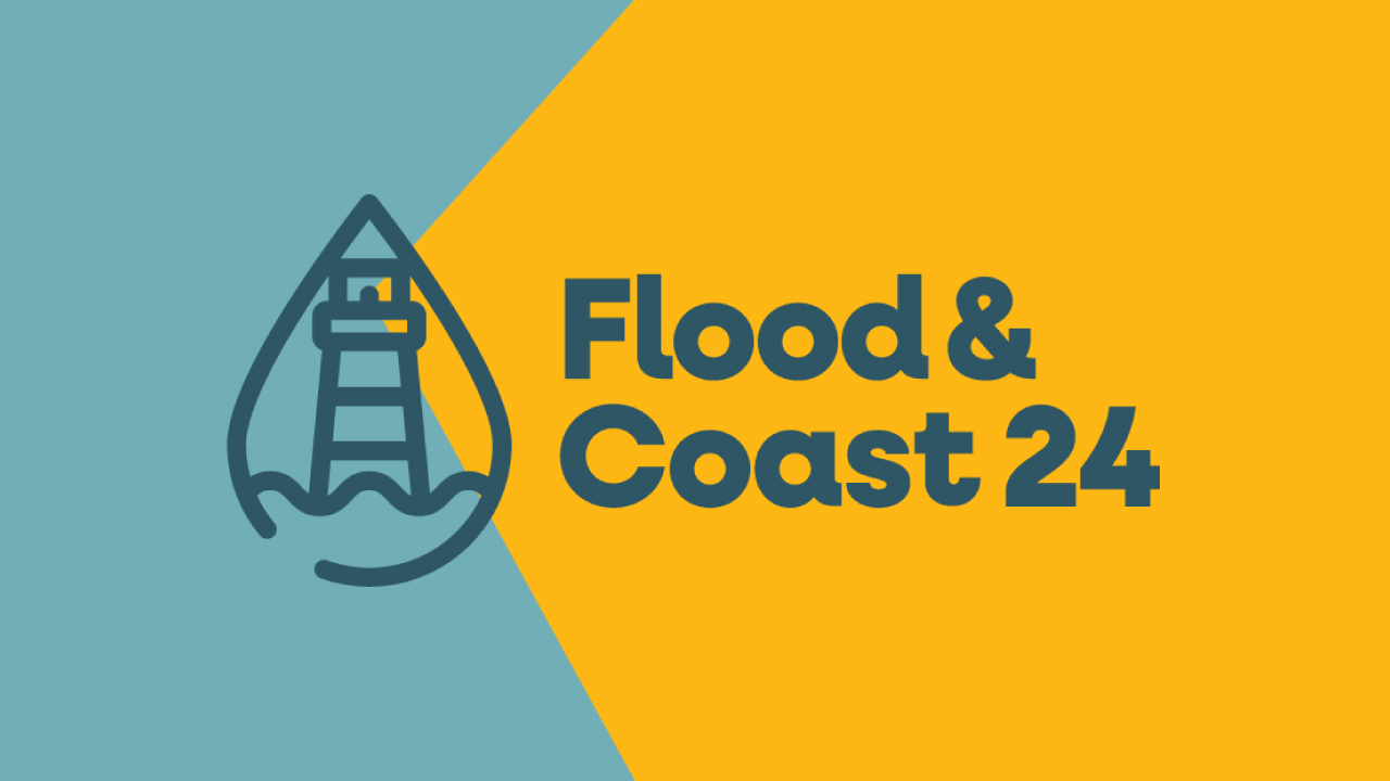 Blue and orange graphic with text that reads “Flood and Coast 24”