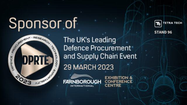 Dark blue background with digital elements overlaid and text that reads Sponsor of The UK’s Leading Defence Procurement and Supply Chain Event, 29 March 2023, Exhibition & Conference Centre