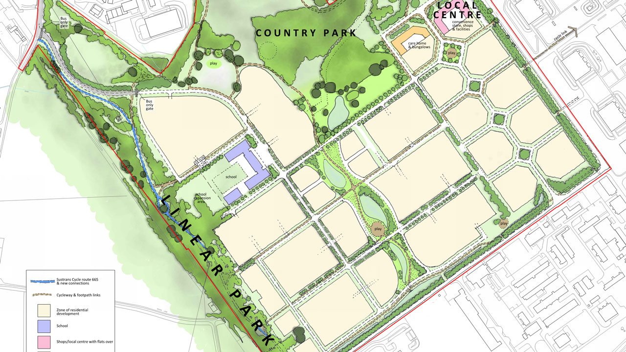 Map showing an aerial view of the layout of a community development