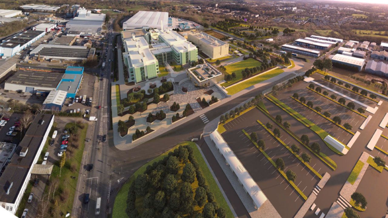 3D visualization of busy streets and empty parking lots surrounding the block of the bioscience laboratory buildings