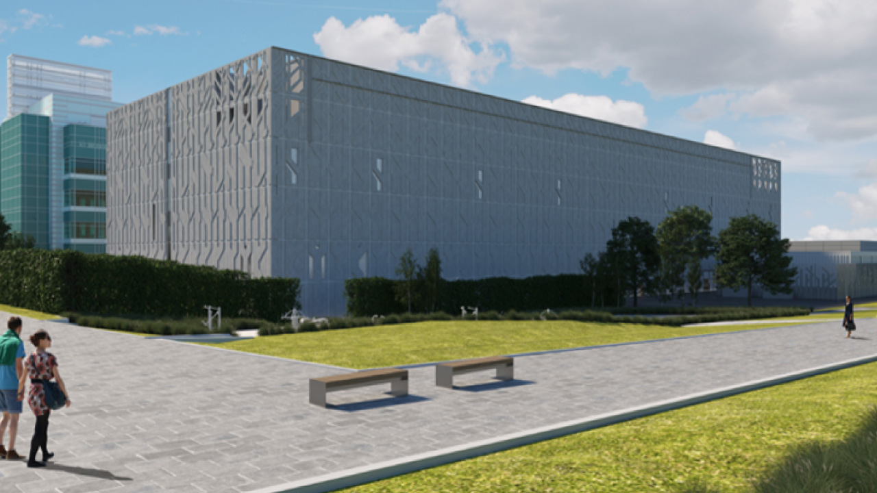 3D visualization of the exterior view of a modern style lab building with walkways and a couple of benches next to it