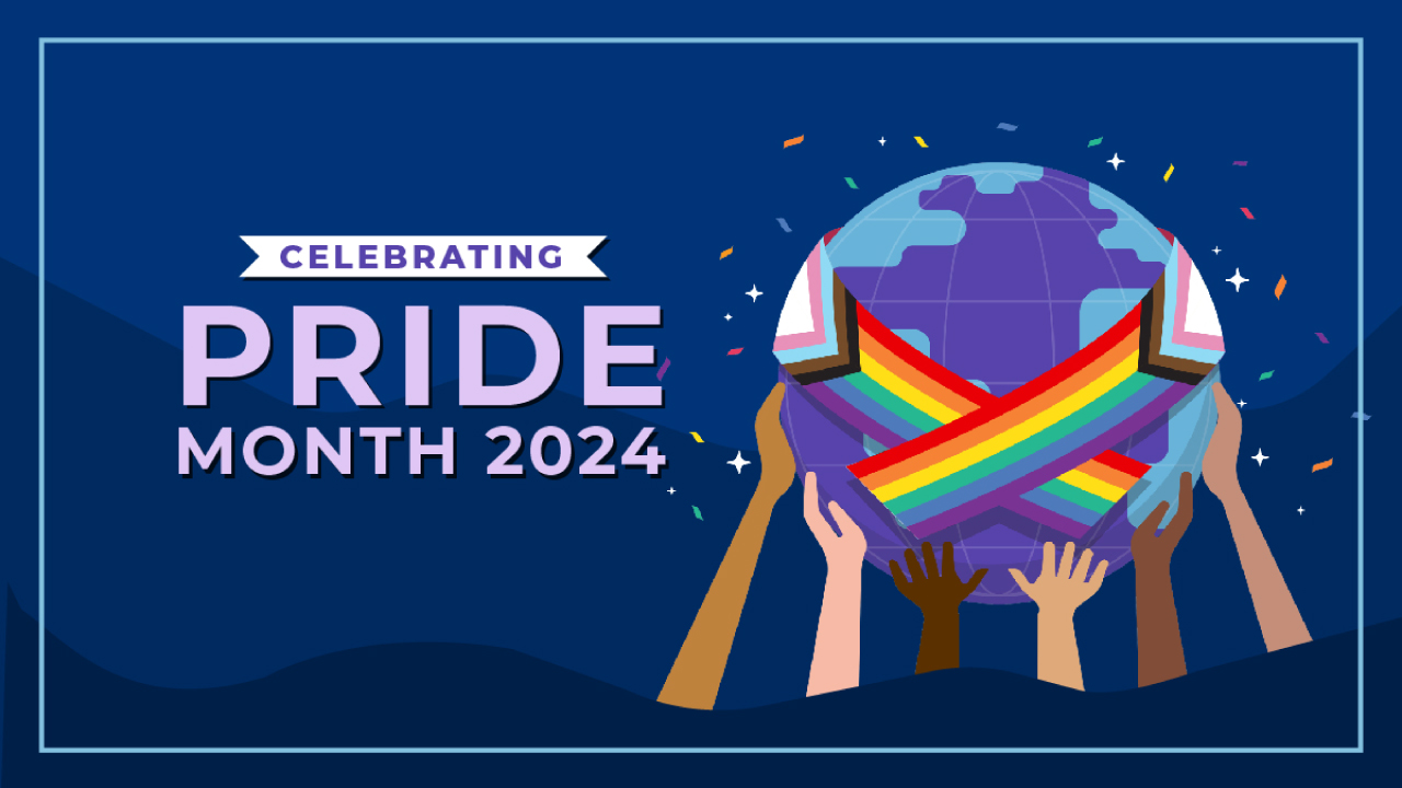 A globe with rainbow bands wrapped around it, held up by hands with text that reads “Celebrating Pride Month 2024”