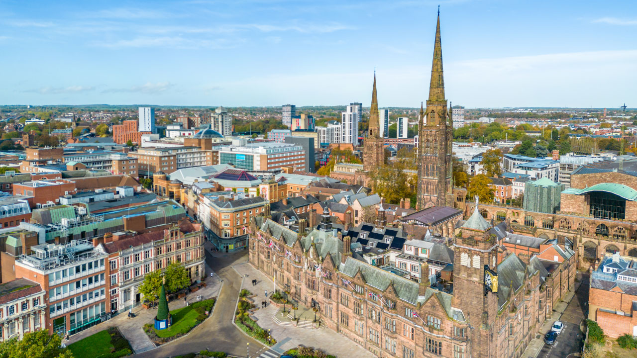 Aerial view of downtown Coventry, UK