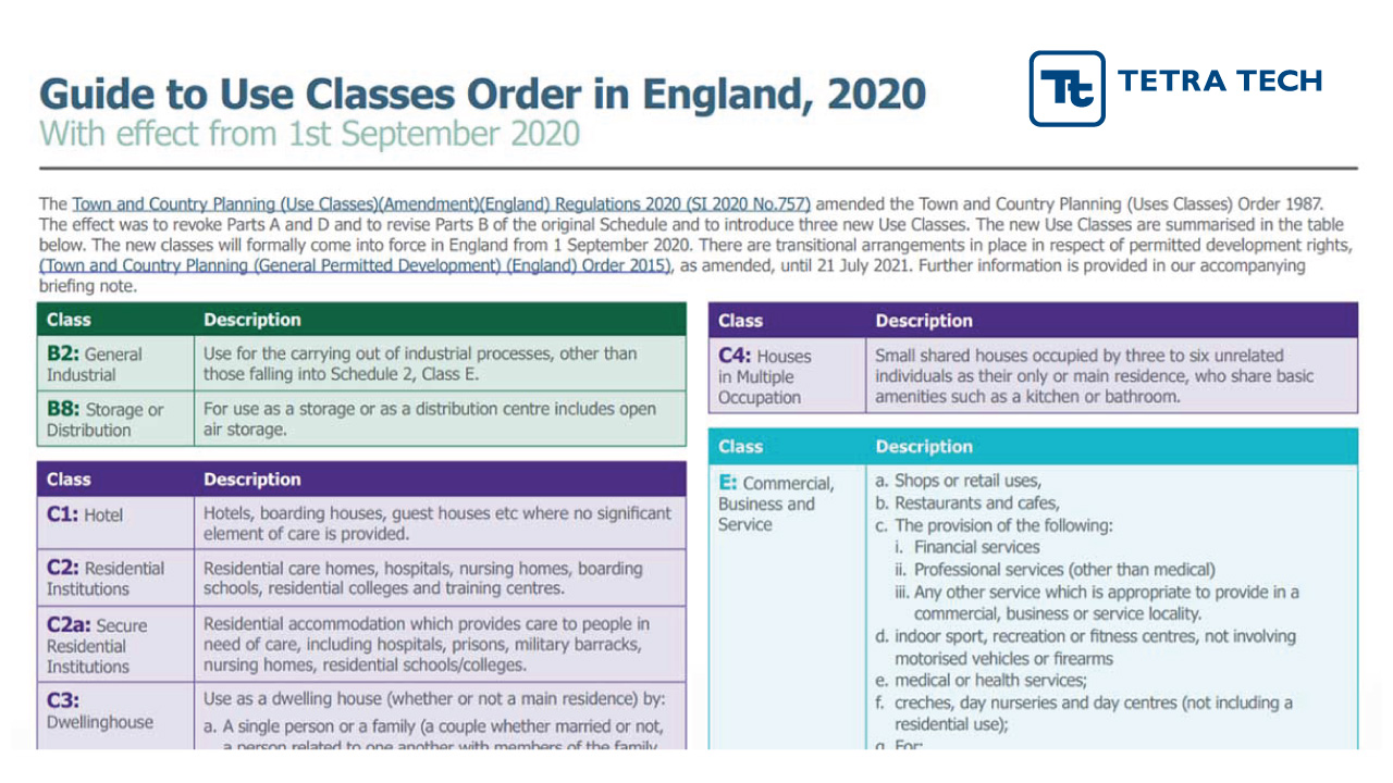 A screenshot of the Guide to Use Classes Order in England, 2020 briefing document