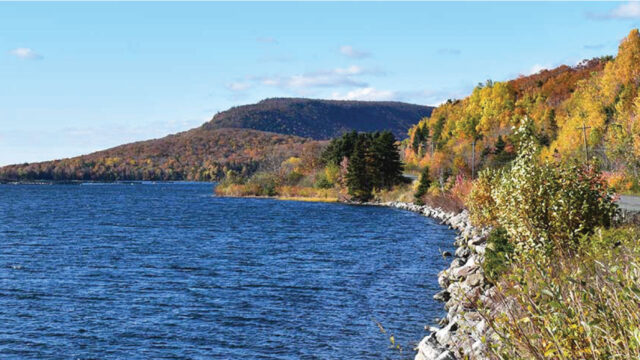 A large body of water surrounded by a rocky bank and trees in the fall