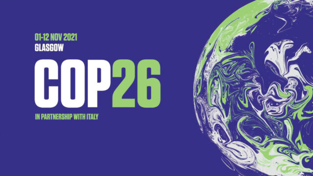 A purple graphic featuring a globe with green and white text that reads “01-12 Nov 2021 Glasgow Cop26 in partnership with Italy”