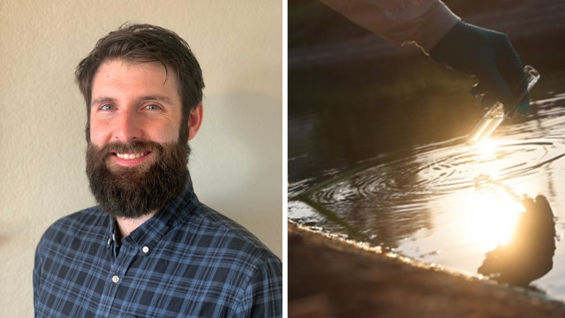 an image of water being tested in a tube for pollutants and an image of Jack O’Shaughnessy, Associate Director, Emerging Contaminants Lead UK and Europe at Tetra Tech